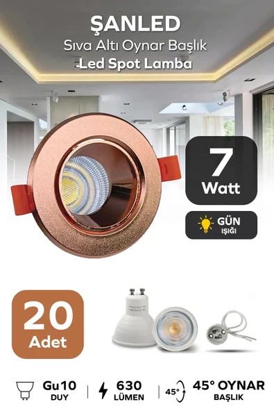7w Sıva Altı Oynar Başlık Gu10 Yuvarlak Bakır Kasa Gün Işığı Led Spot Lamba 20 Adet ürün görseli