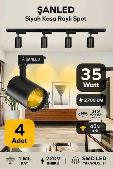 Led Siyah Kasa Gün Işığı 35w Raylı Spot 4 Adet 1 Metre Ray ürün görseli