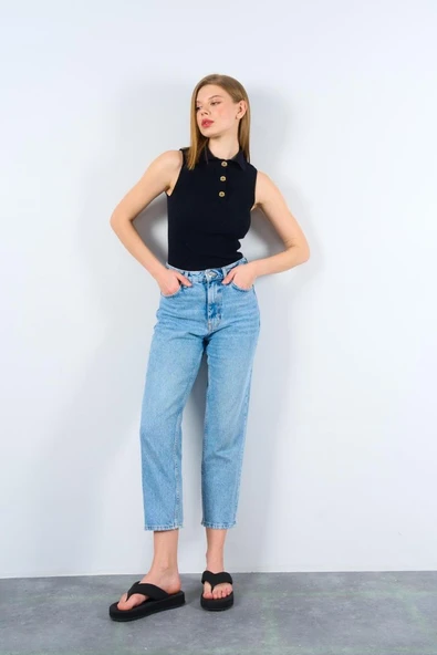 Patlı Düğmeli Triko Atlet - Siyah - Resim 2