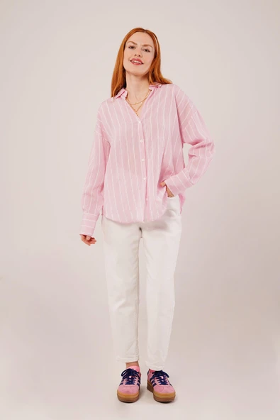 Kol Düğmeli Çizgili Pembe Gömlek - Resim 3