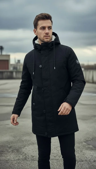 Plus Scorpion Siyah Erkek Gabardin Kapitone Astarlı Kaban – Şık, Sıcak ve Su Geçirmez - Resim 3