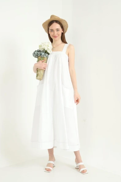 Beyaz Askılı Cepli Elbise ürün görseli 1