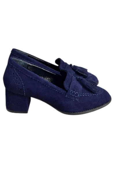 Lacivert Hakiki Deri Süet Püskül Detay Topuklu Ayakkabı ürün görseli