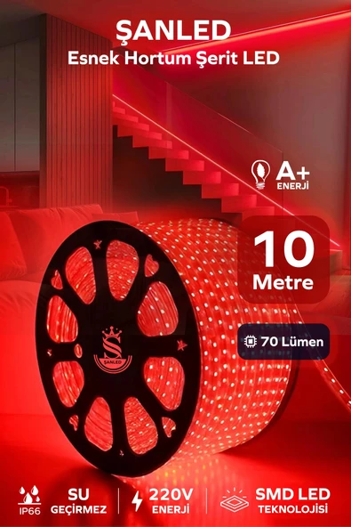 Hortum Esnek 220V Şerit Led Kırmızı 10 Metre ürün görseli 1
