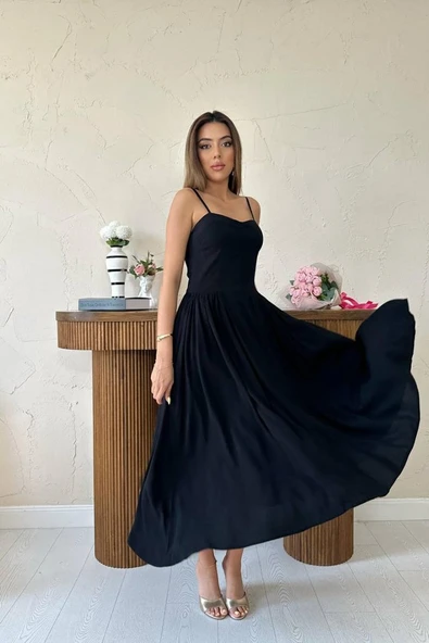 Siyah Göğüs Kuplu Uzun Büzgülü Elbise ürün görseli 1