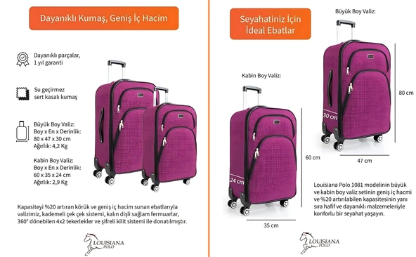 Büyük ve Kabin Boy Valiz Seti 4 Teker Kumaş Valiz Pembe 1081 - Resim 9