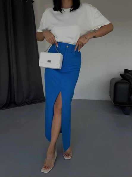 GABARDİN UZUN ÖNDEN YIRTMAÇLI ETEK - Saks - Resim 3