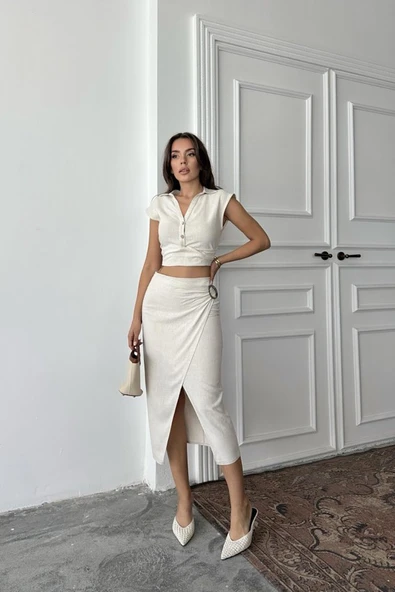 Bej Keten Gömlek Ve Etek Takım - Resim 3