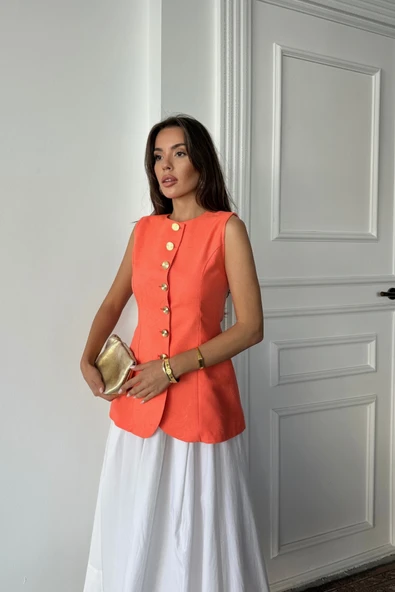 JAKAR KETEN YELEK BELDEN OTURTMALI GOLD DÜĞMELİ - Orange - Resim 4