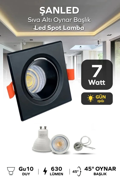 7w Sıva Altı Oynar Başlık Gu10 Siyah Kasa Gün Işığı Led Spot Lamba 1 Adet ürün görseli