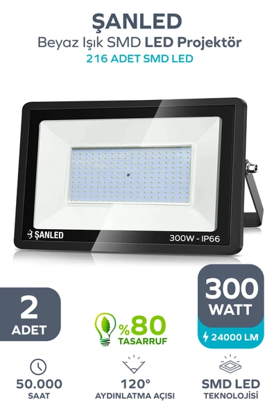 300W 24.000 Lümen 6500k Beyaz Işık Smd Led Projektör 2 Adet