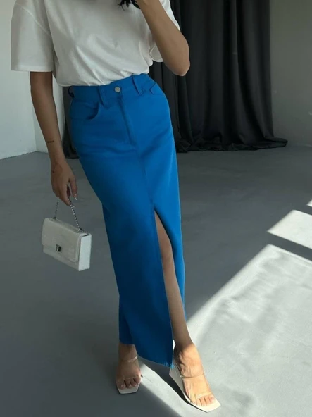 GABARDİN UZUN ÖNDEN YIRTMAÇLI ETEK - Saks - Resim 4