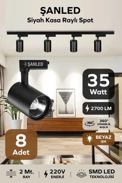 Led Siyah Kasa Beyaz Işık 35w Raylı Spot / 8 Adet 2 Metre Ray