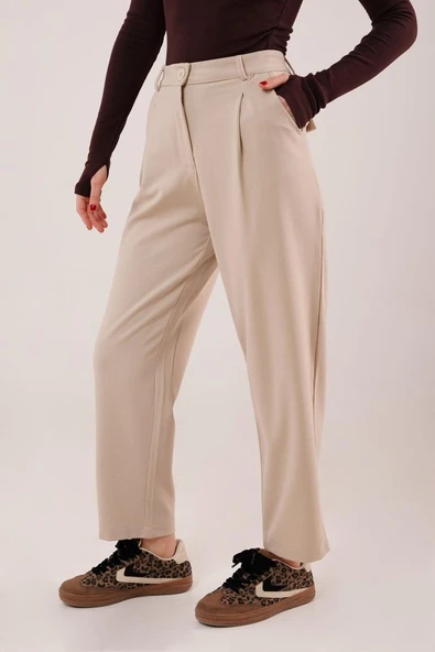 Kapama Cep Detaylı Krem Pantolon - Resim 2