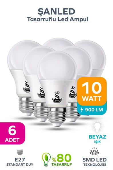 10W Tasarruflu Beyaz Işık Led Ampul 6 Adet