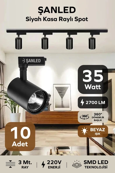 Led Siyah Kasa Beyaz Işık 35w Raylı Spot / 10 Adet 3 Metre Ray ürün görseli