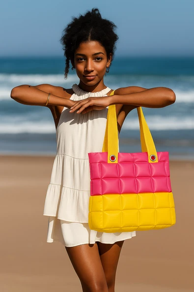 B.Y. Trend Kadın Plaj Çantası Sarı Pembe Şişme Omuz Çanta Br02 - Resim 2