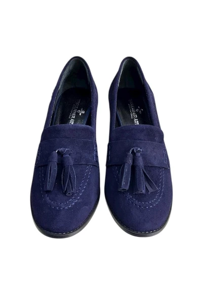 Lacivert Hakiki Deri Süet Püskül Detay Topuklu Ayakkabı - Resim 2