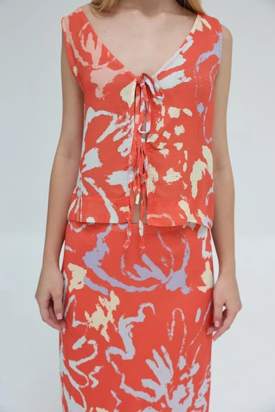 Bağcıklı Bluzlu Etek Takım - Kırmızı - Resim 3