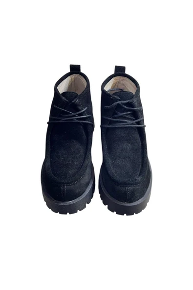 Siyah Hakiki Deri Süet Bağcıklı Bot - Resim 3