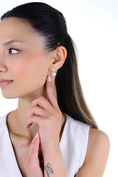 Gümüş rodyumlu sedef ve zirkon taşlı çiftli sallantılı yonca küpe SGTL13019RODAJ - Resim 3