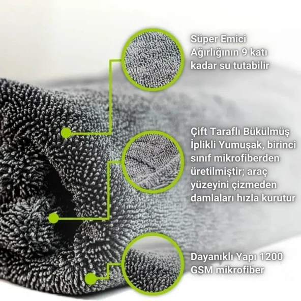 Polham XL 60X90CM 1200GSM Süper Su Emici Özellikli Mikrofiber Araç Kurulama Havlusu, Çizik ve İz Bırakmaz Bez - Resim 3