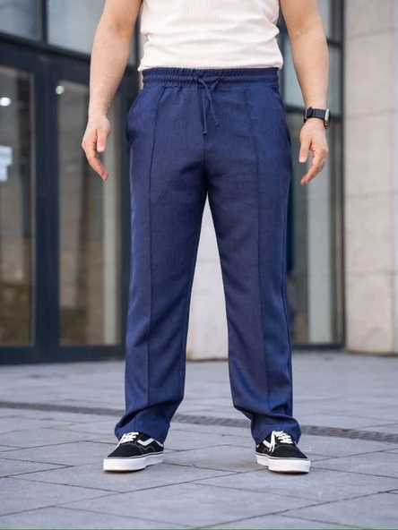 MDB Erkek Keten Cepli Çıma Dikişli Jogger Buggy Pantalon Rahat Kalıp  acivert - Resim 2