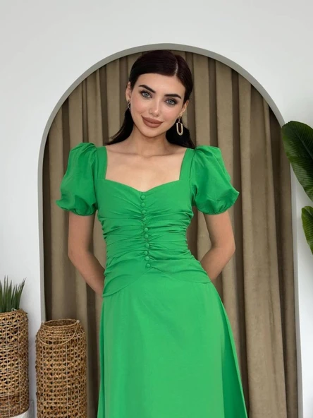 Kare Yaka Düğmeli Elbise - Resim 3