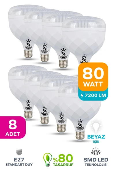 80W KRİSTAL Tasarruflu E27 Beyaz Işık Torch Led Ampul 8 Adet