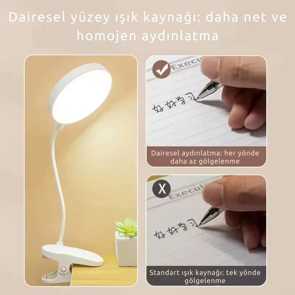 ShopyTech Klipsli LED Masa Lambası USB Şarjlı 3 Kademeli Dokunmatik Göz Yormaz Işık (4000 mAh) - 7