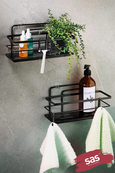 2’li Siyah Yapışkanlı Ayarlanabilir Banyo Rafı, Paslanmaz Kristal Şampuanlık (Yapıştır/Vidala) LŞ-01 - SS ürün görseli
