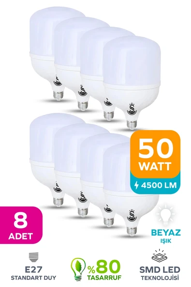 50w Tasarruflu E27 Beyaz Işık Torch Led Ampul 8 Adet