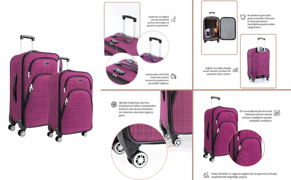 Büyük ve Kabin Boy Valiz Seti 4 Teker Kumaş Valiz Pembe 1081 - Resim 3