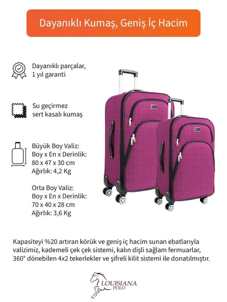 Büyük ve Orta Boy Valiz Seti 4 Teker Kumaş Valiz Pembe 1081 - Resim 5