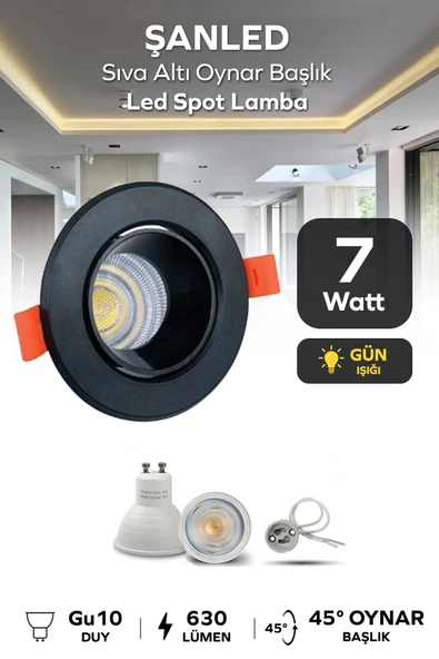7w Sıva Altı Oynar Başlık Gu10 Yuvarlak Siyah Kasa Gün Işığı Led Spot Lamba 1 Adet
