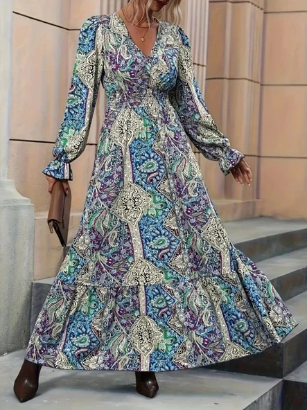 MDB Kadın Uzun Kollu Kruvaze Yakalı Desenli Süprem Maxi Elbise - Resim 4