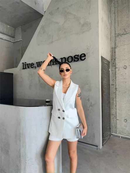 KETEN YELEK - ŞORT TAKIM - Beyaz ürün görseli 1