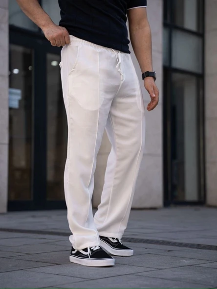 MDB Erkek Keten Cepli Çıma Dikişli Jogger Buggy Pantalon Rahat Kalıp  Beyaz ürün görseli 1