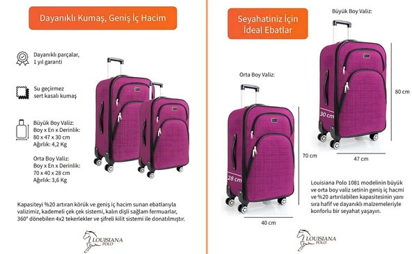 Büyük ve Orta Boy Valiz Seti 4 Teker Kumaş Valiz Pembe 1081 - Resim 2