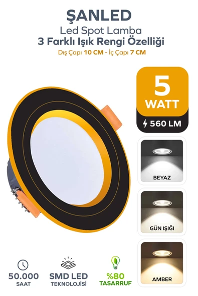 5W 3 Renkli (Beyaz,Günışığı,Amber) Siyah Gold Kasa Led Spot Lamba 1 Adet