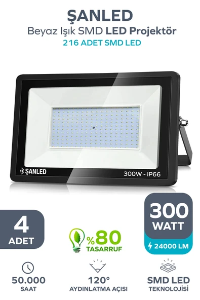 300W 24.000 Lümen 6500k Beyaz Işık Smd Led Projektör 4 Adet
