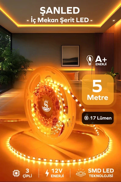 3 Çipli Iç Mekan Amber Rengi Şerit Led 5 Metre ürün görseli 1