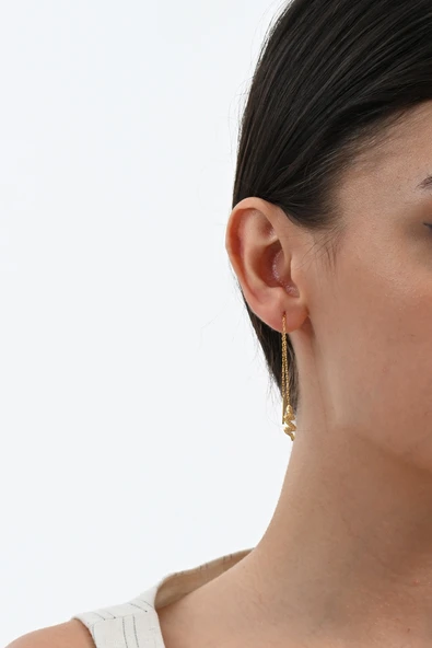 Gümüş altın yaldızlı zirkon taşlı yılan figürlü zincir küpe SGTL13034GOLD - Resim 2