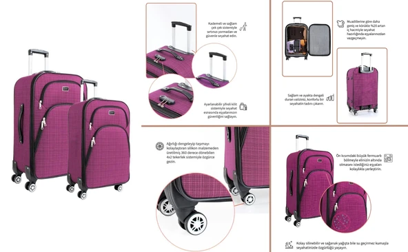 Orta ve Kabin Boy Valiz Seti 4 Teker Kumaş Valiz Pembe 1081 - Resim 3
