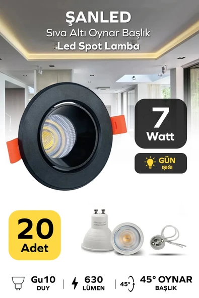7w Sıva Altı Oynar Başlık Gu10 Yuvarlak Siyah Kasa Gün Işığı Led Spot Lamba 20 Adet ürün görseli
