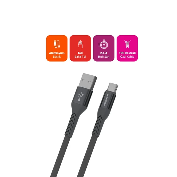 Polosmart PBS419 Type-C Şarj Kablosu 1.2M 2.4A Hızlı Şarj & Veri Aktarım Ultra Dayanıklı Gri - Resim 2