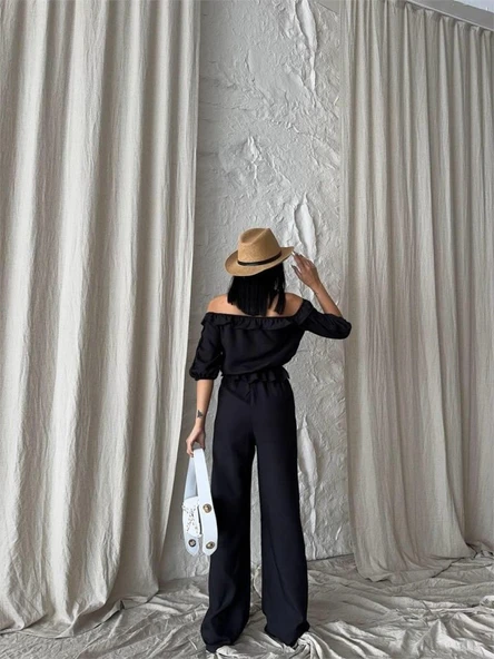 KETEN MADONNA YAKA KOL HASIR ŞERİT - PANTOLON TAKIM - Siyah - Resim 2