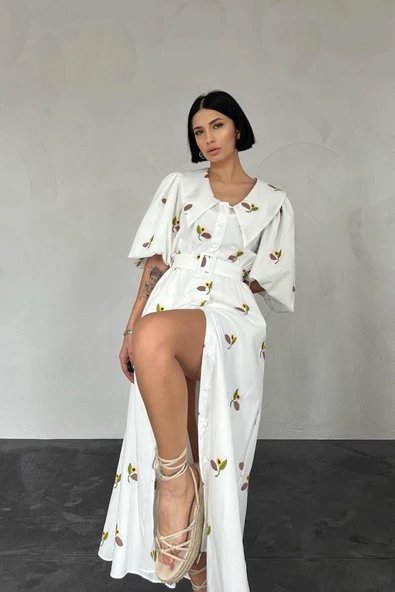 Kahverengi Yakası Çiçek Motifli Kemerli Elbise - Resim 2