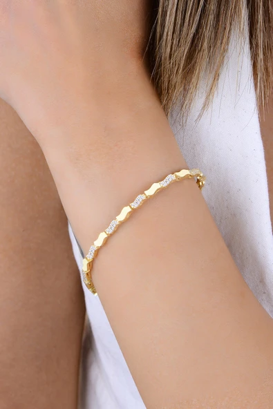 Gümüş altın yaldızlı zirkon taşlı dalgalı ışıltılı bileklik SGTL12895GOLD - Resim 3