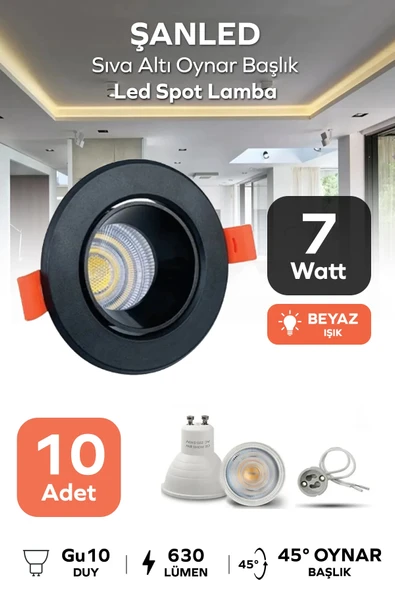 7w Sıva Altı Oynar Başlık Gu10 Yuvarlak Siyah Kasa Beyaz Işık Led Spot Lamba 10 Adet